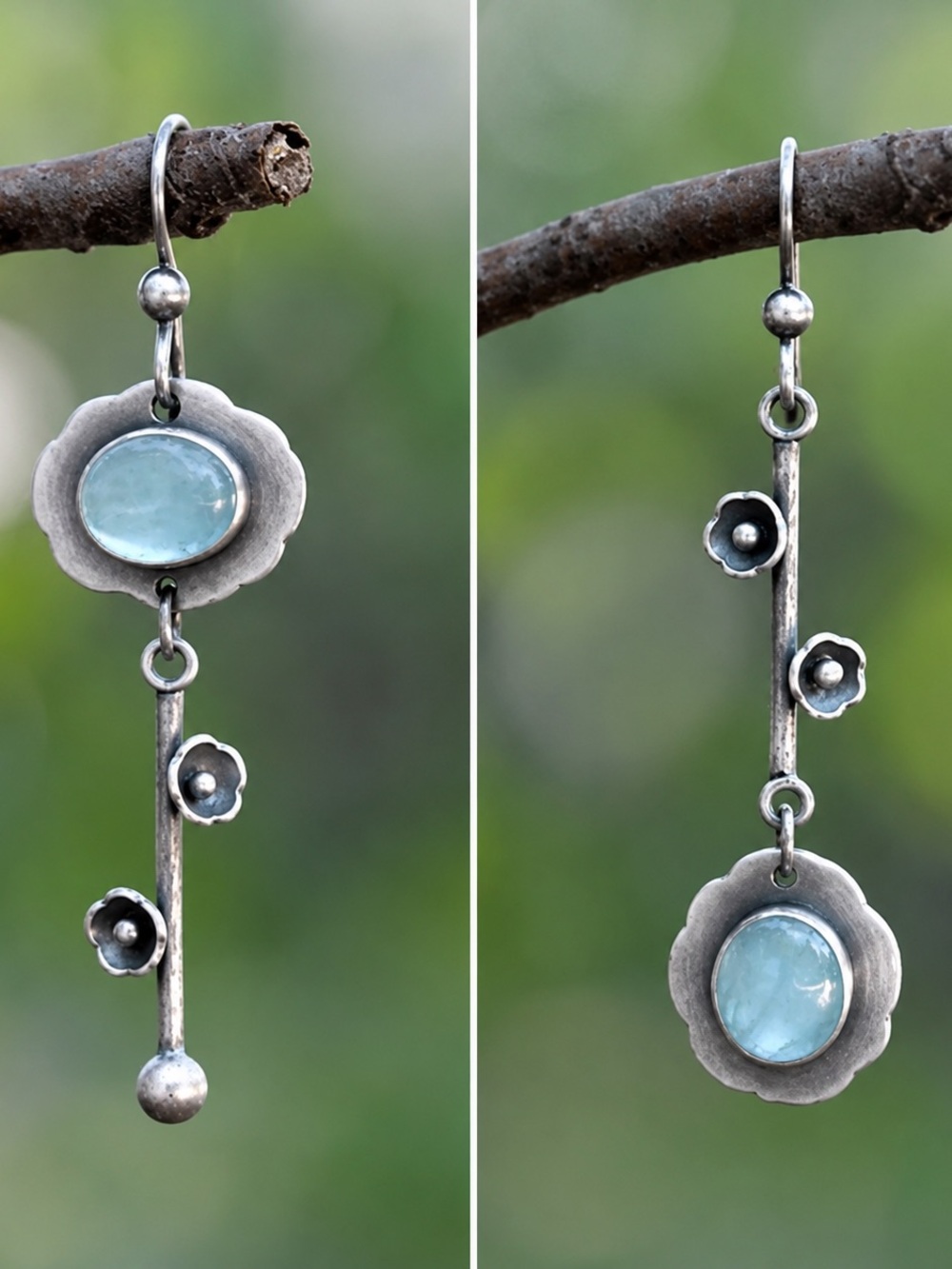 Boho Floral Dangle Earrings • Aqua Stone Artisan Earrings